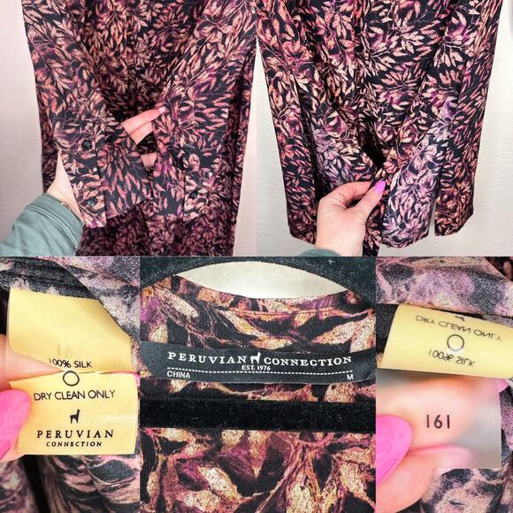 Peruvian Connection Leaf Print Silk Long Sleeve Collared Tunic Shirt Dress Med - Picture 12 of 14